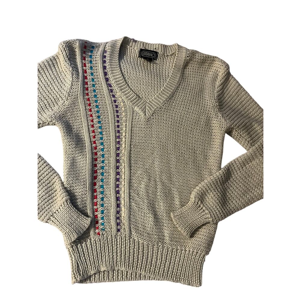 Vintage 80s Gitano Knit V-Neck Sweater Cream Striped Size L (Fits Small)